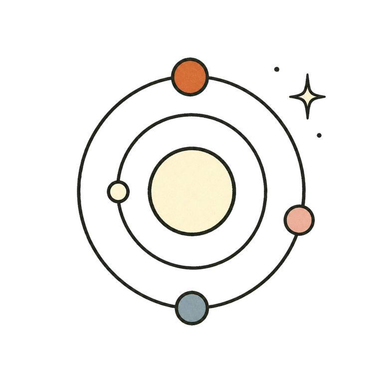 Planets orbiting a glowing sun, drawn like a star chart