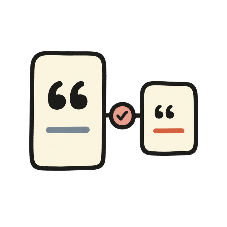 A draft page and a smaller transcript page joined by a checkmark, each with a quote mark